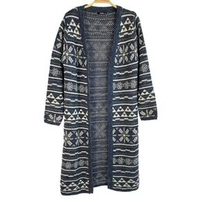 Womens Fair Isle Duster Cardigan Sweater S/M Navy Open Front Nordic Southwestern